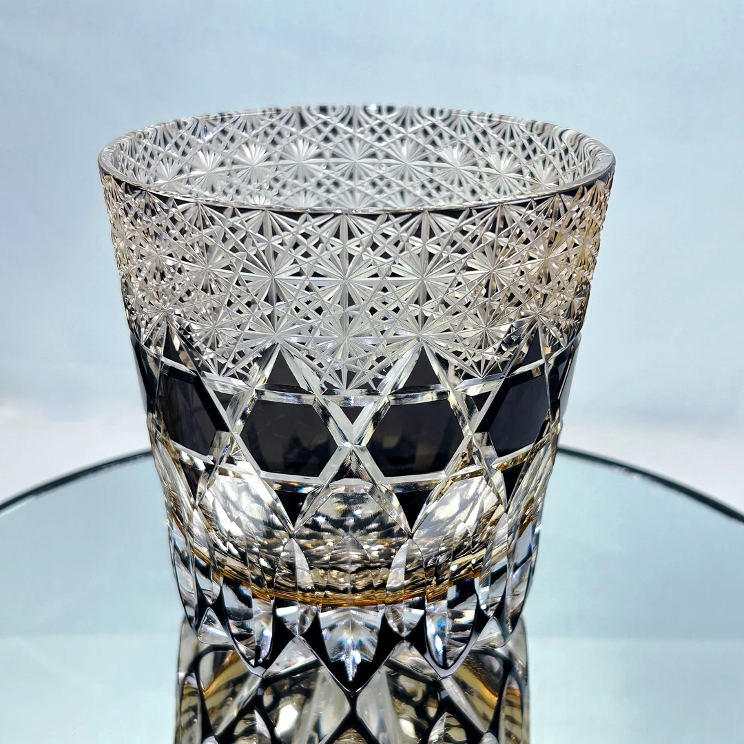 高级感江户切子手工雕刻黑萤石手工雕刻水晶玻璃洋酒杯威士忌杯