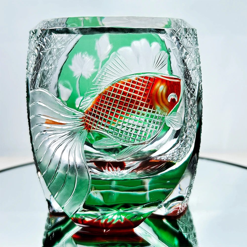 原创江户切子荷塘月色水晶玻璃杯威士忌酒杯手工雕刻玻璃杯清酒杯