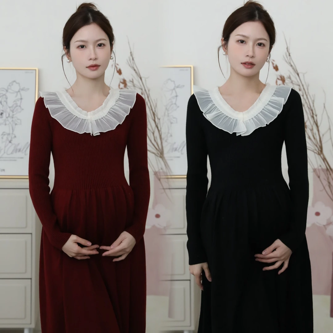 【昕昕家】秋冬打底新款孕妇长袖针织连衣裙甜美翻领孕妇装长裙减龄