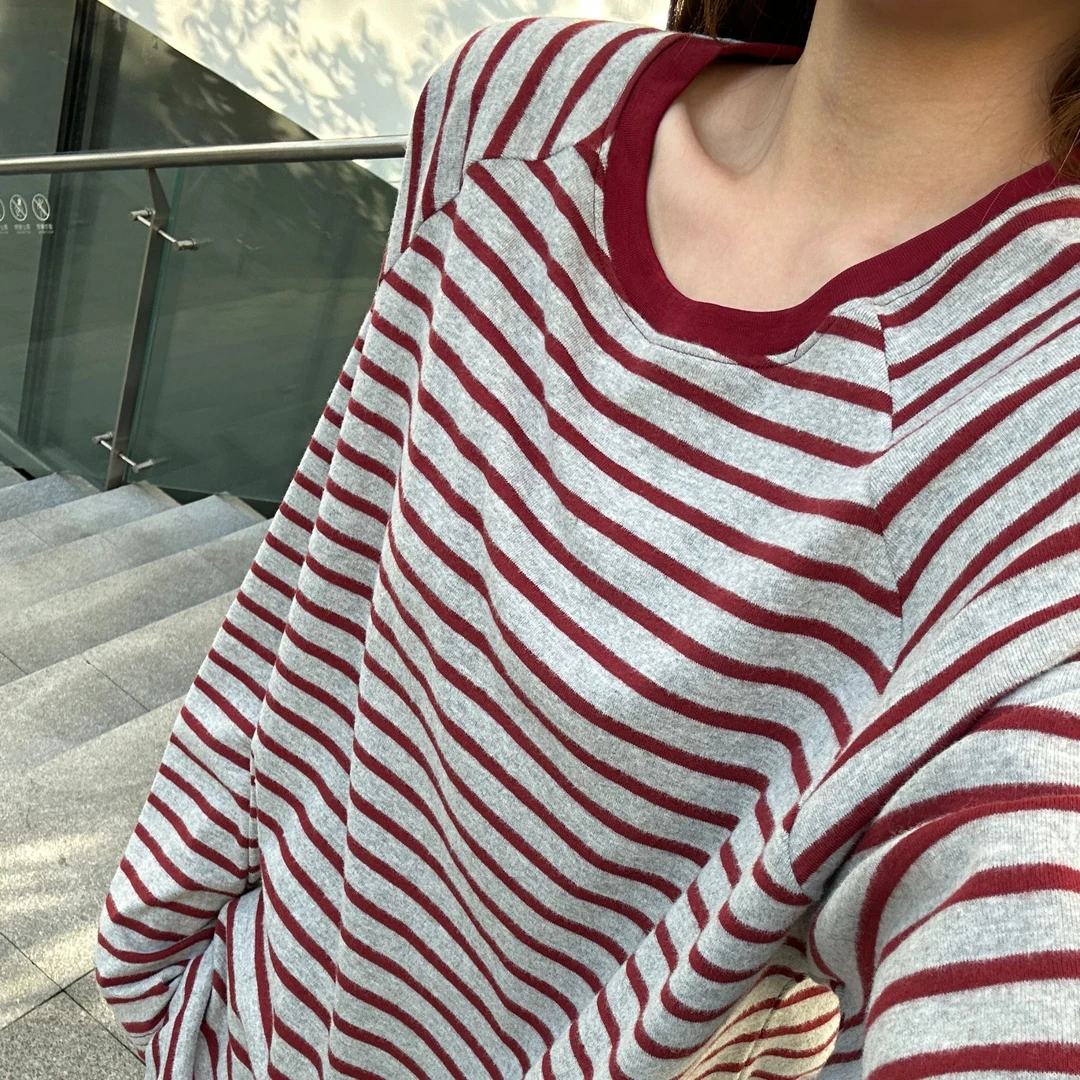 【丸子CENES】简约大版插肩袖休闲彩棉条纹T恤打底