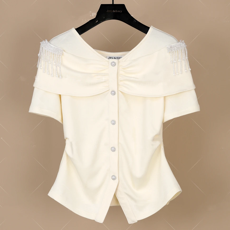 2025夏季新款法式高级感轻奢收腰褶皱肩部镶钻立体重工短袖t恤女