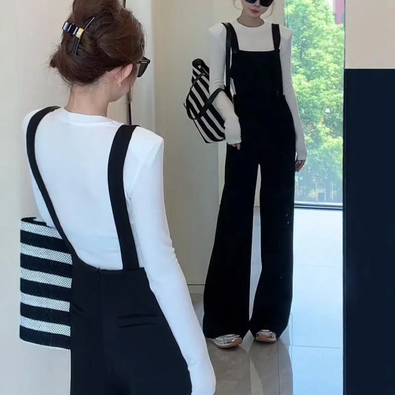 一整套早秋穿搭女装白色修身长袖打底衫t恤搭配高腰连体裤两件套