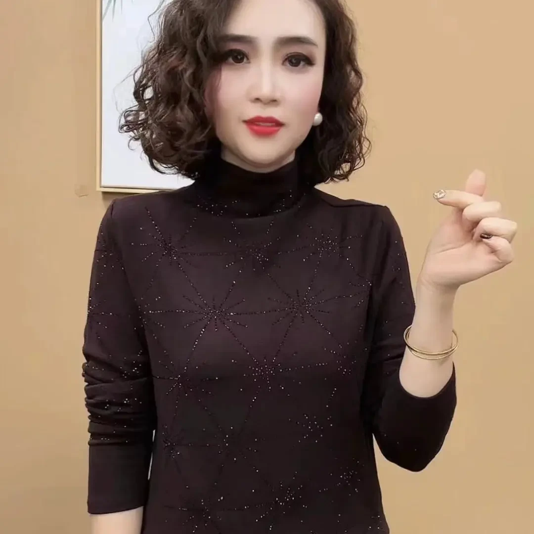 半高领德绒烫钻打底衫秋冬长袖T恤衫显瘦百搭妈妈装洋气减龄上衣