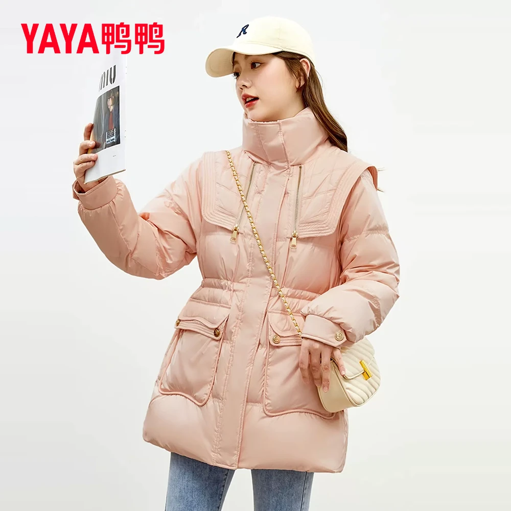 YAYA/鸭鸭羽绒服女冬季2023年新中长款披肩立领韩版时尚保暖外套