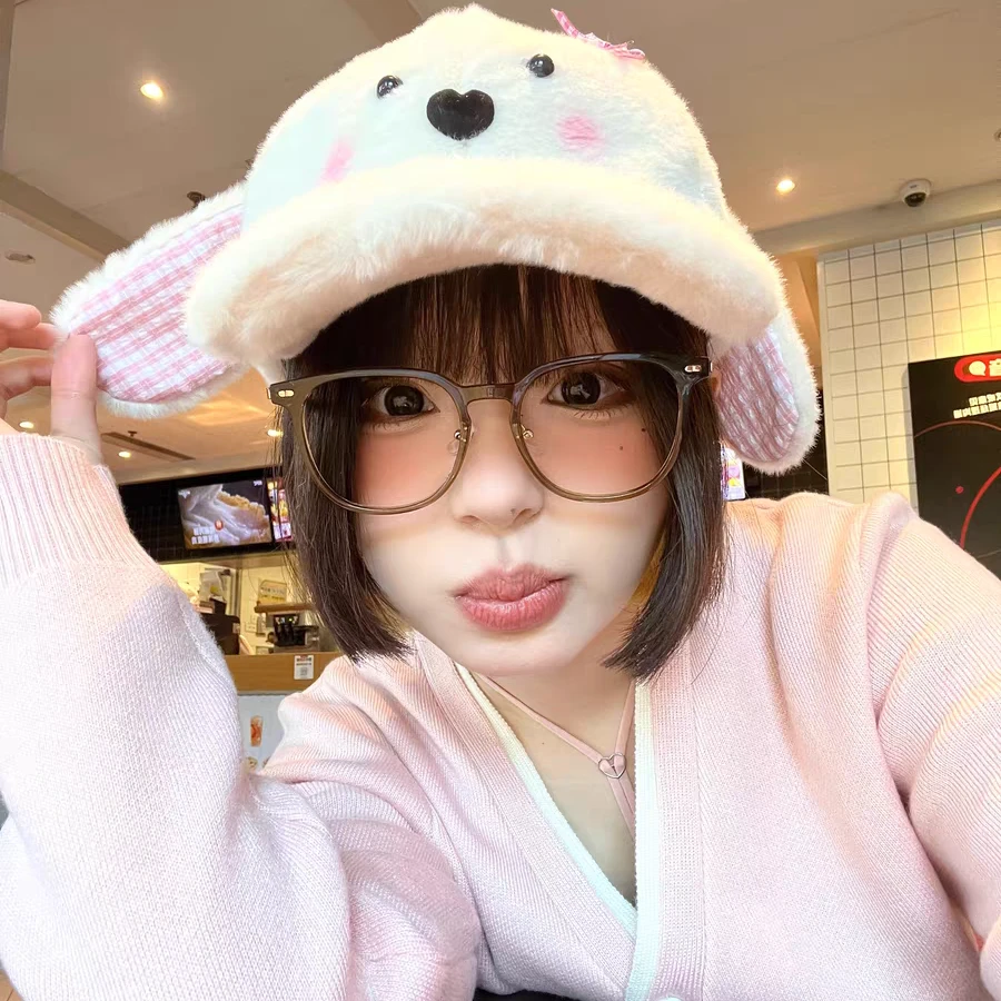 毛绒小兔兔蝴蝶结粉色格纹兔耳朵棒球帽女生秋冬季保暖可爱显脸小