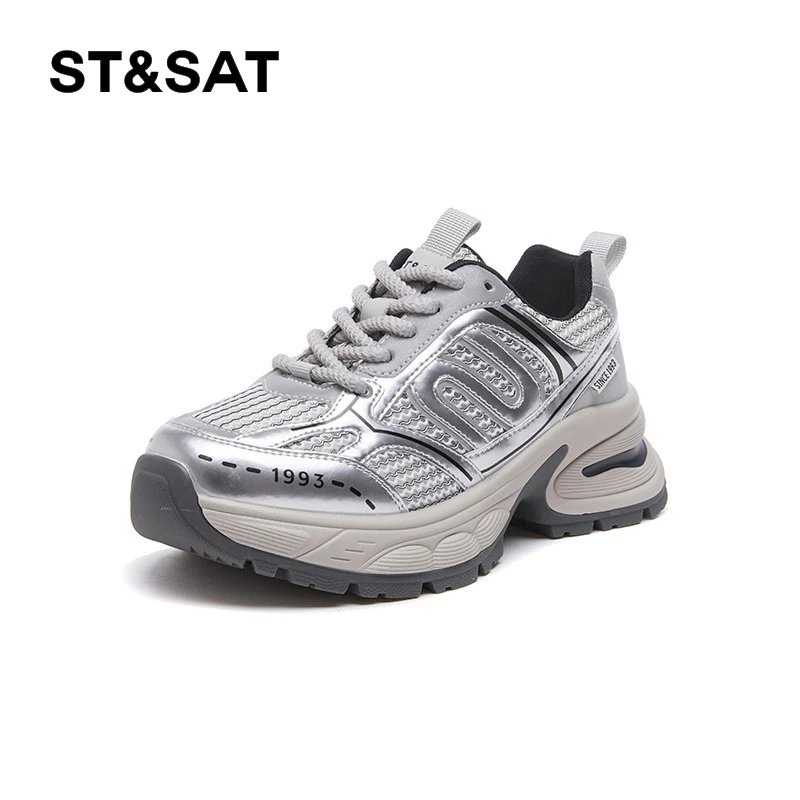 St&Sat/星期六女鞋银色老爹鞋女休闲厚底运动鞋透气潮流百搭低帮