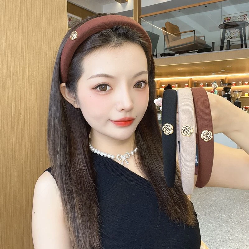 布艺发饰 小香风山茶花发箍女秋冬头箍网红高级感高颅顶压发卡新