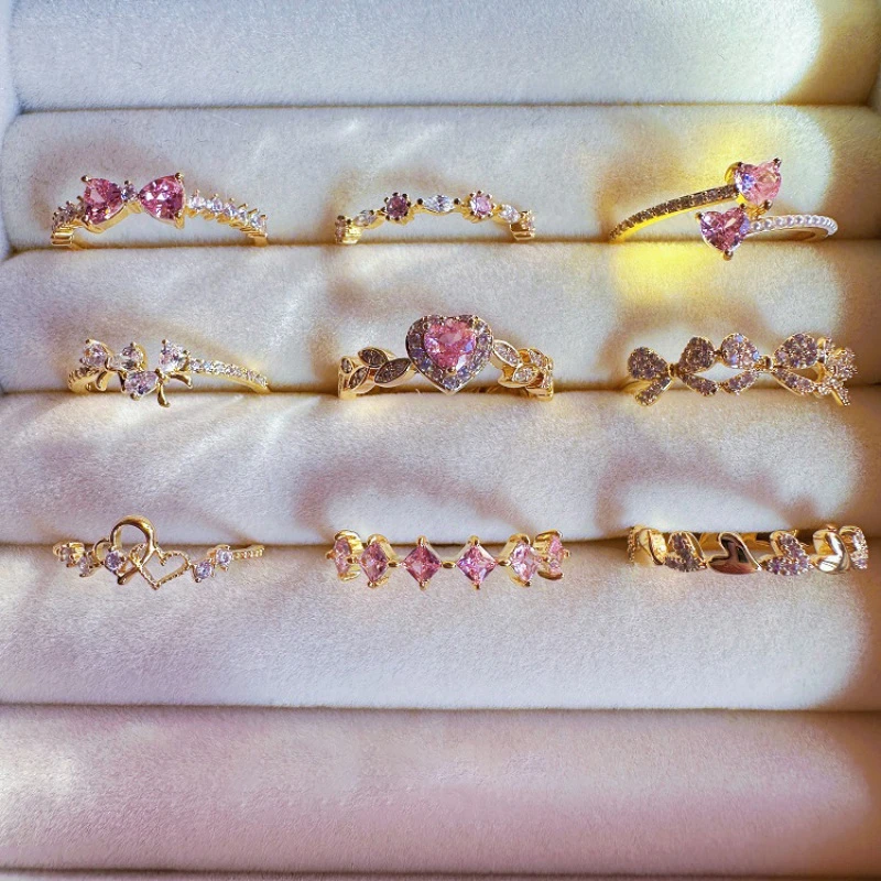 少女粉锆爱心珠珠戒指女轻奢风时尚个性精致百搭高级感开口食指戒