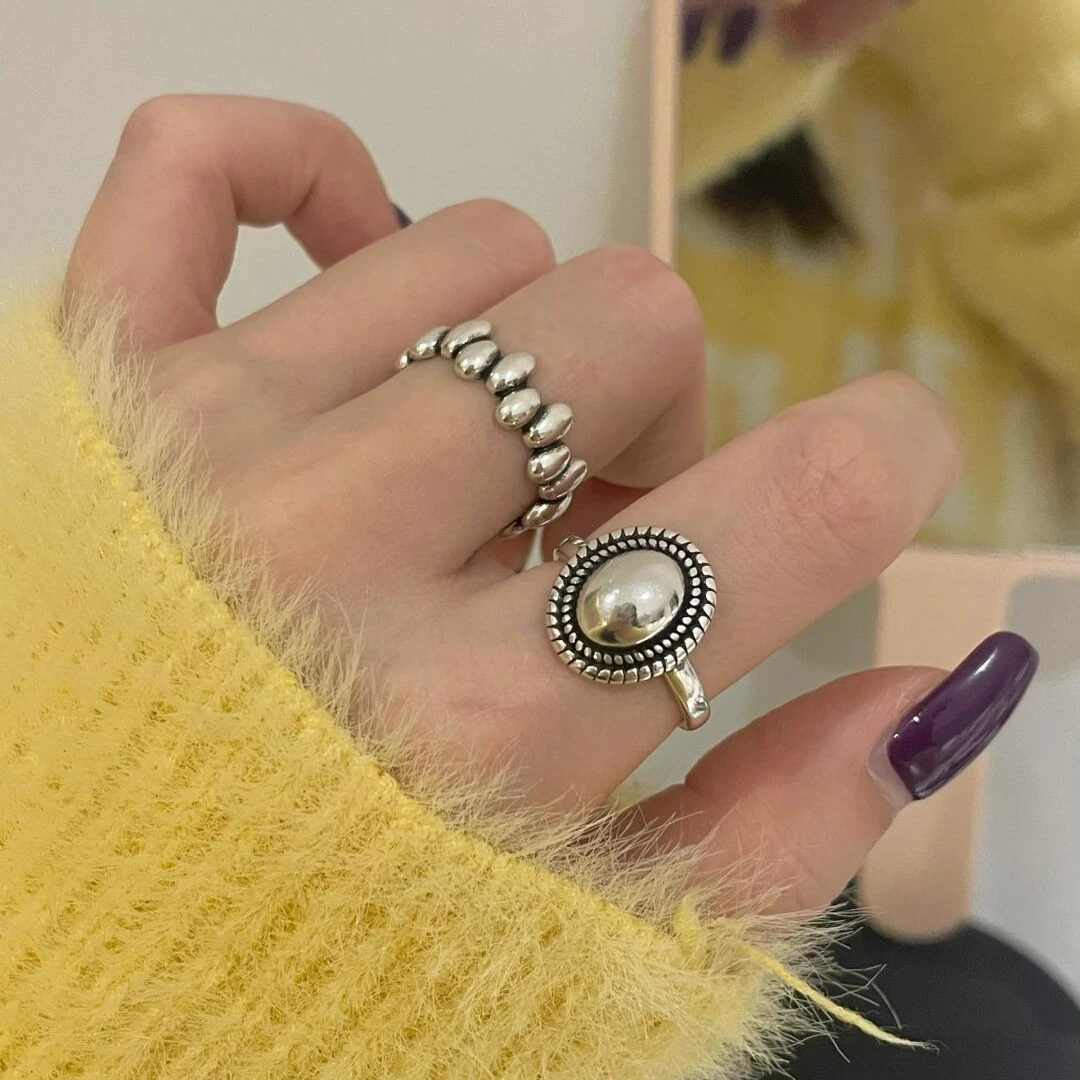 复古做旧风椭圆开口戒指女时尚个性麻花设计感轻奢百搭可调节指环