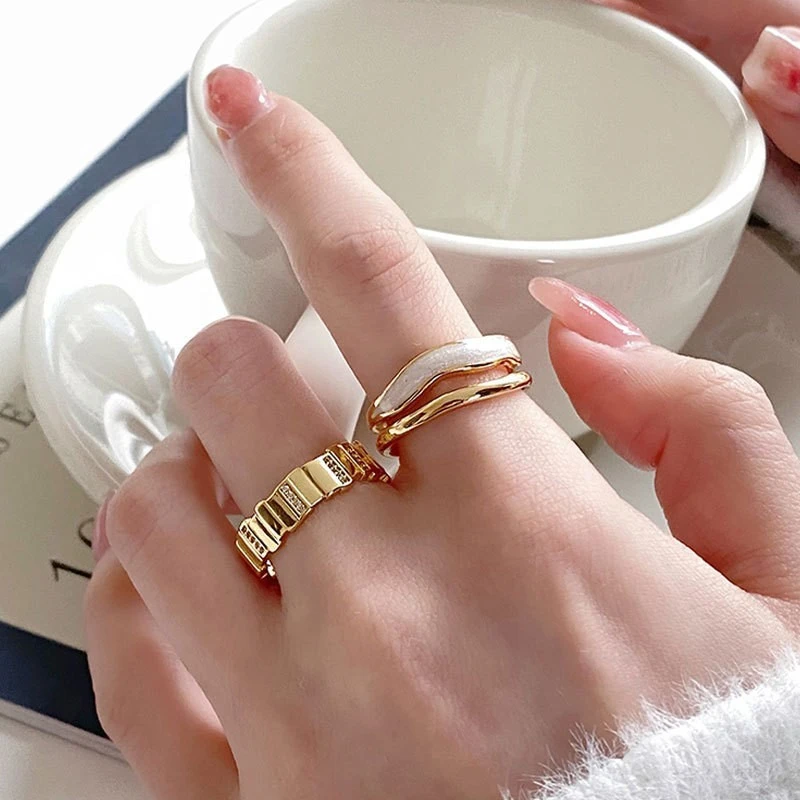 韩版白色滴釉双层戒指女ins小众设计感时尚轻奢开口可调节食指戒