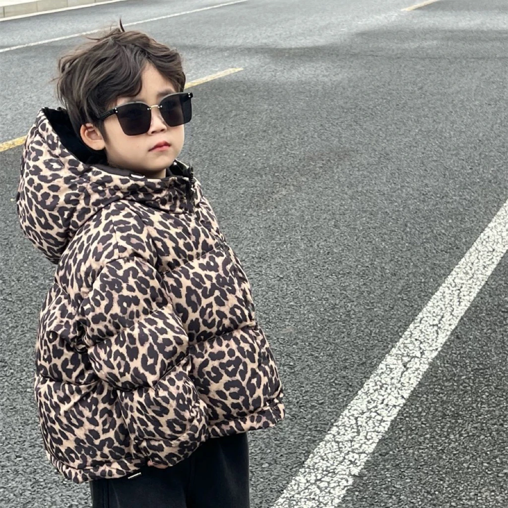 （现货）韩版儿童豹纹连帽加绒棉服外套