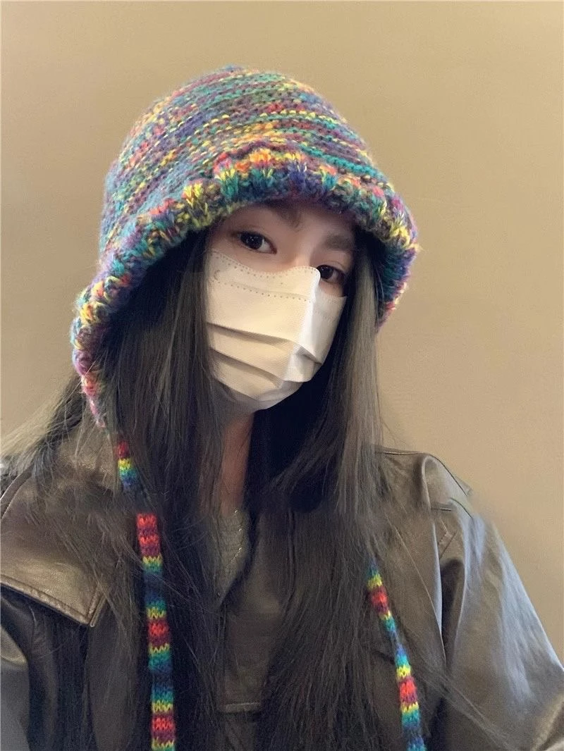 彩虹渐变毛线帽子女秋冬季款显脸小包头帽民族风保暖针织帽雷锋帽