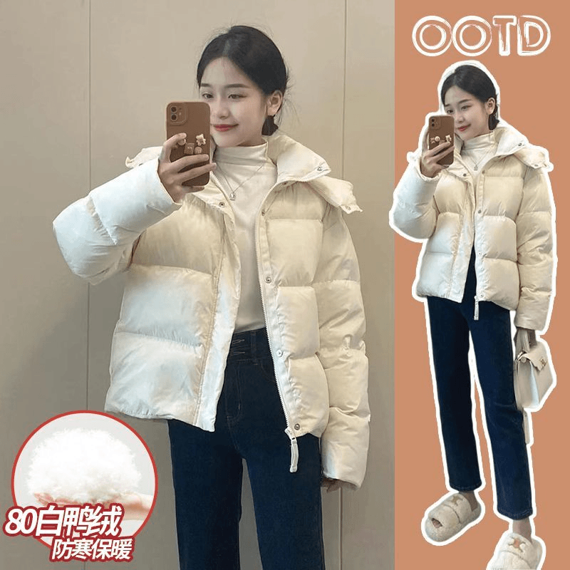 米白色白鸭绒羽绒服女冬短款2023新款小个子加厚保暖面包服外套
