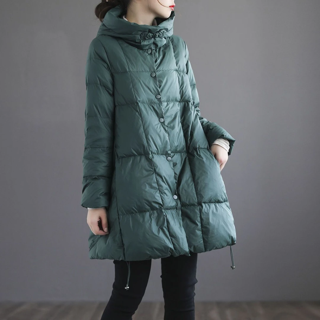原创冬季新款白鸭绒羽绒服女中长款宽松复古连帽大码妈妈装外套女
