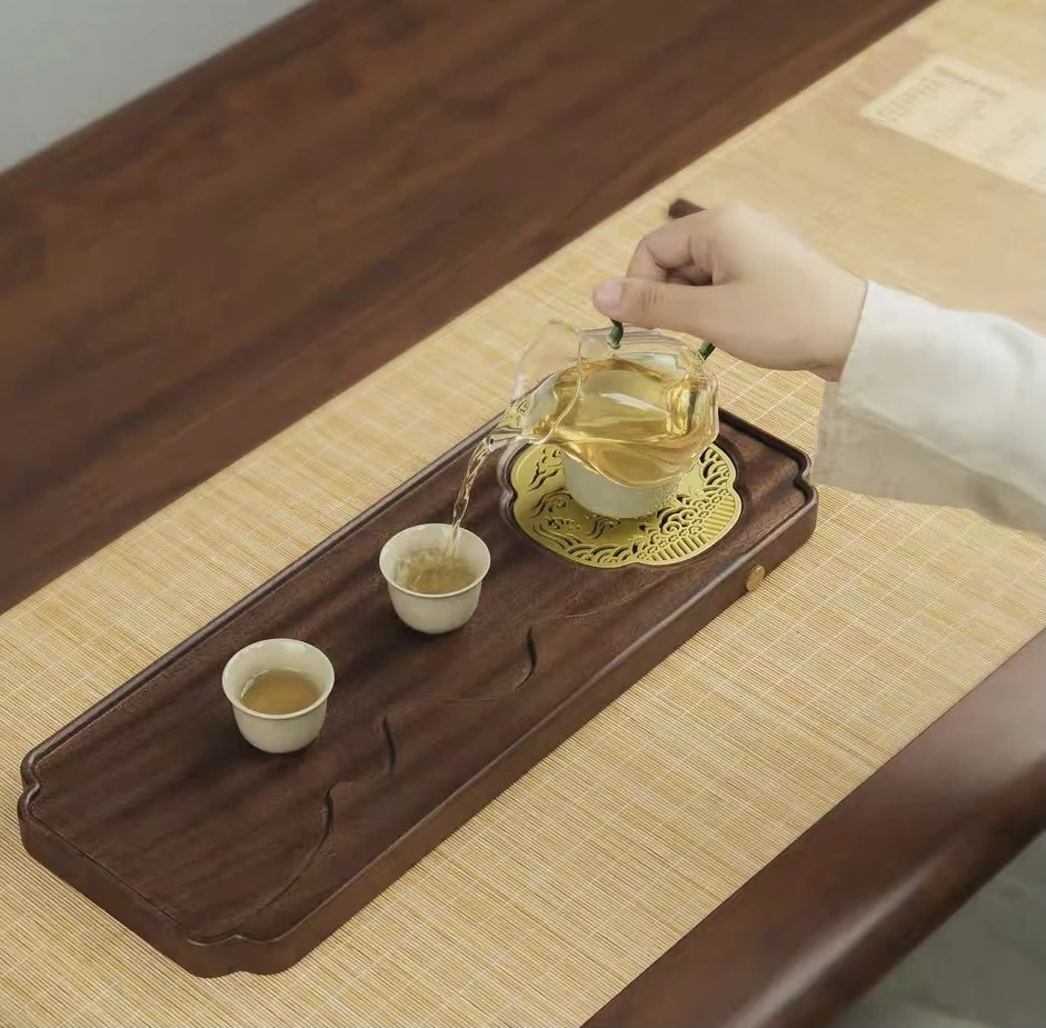 黑胡桃茶盘锦绣山河实木茶盘排水干湿两用新中式泡台46*17*2.5