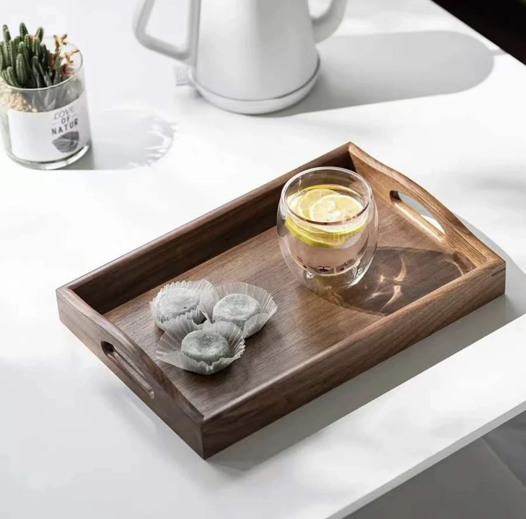 好物南美胡桃木高耳提手托盘干泡盘收纳盘简约茶托盘36*25*5cm