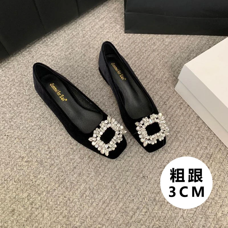 粗跟方头浅口单鞋2024春秋新款软底防滑瓢鞋黑色工作鞋百搭四季鞋