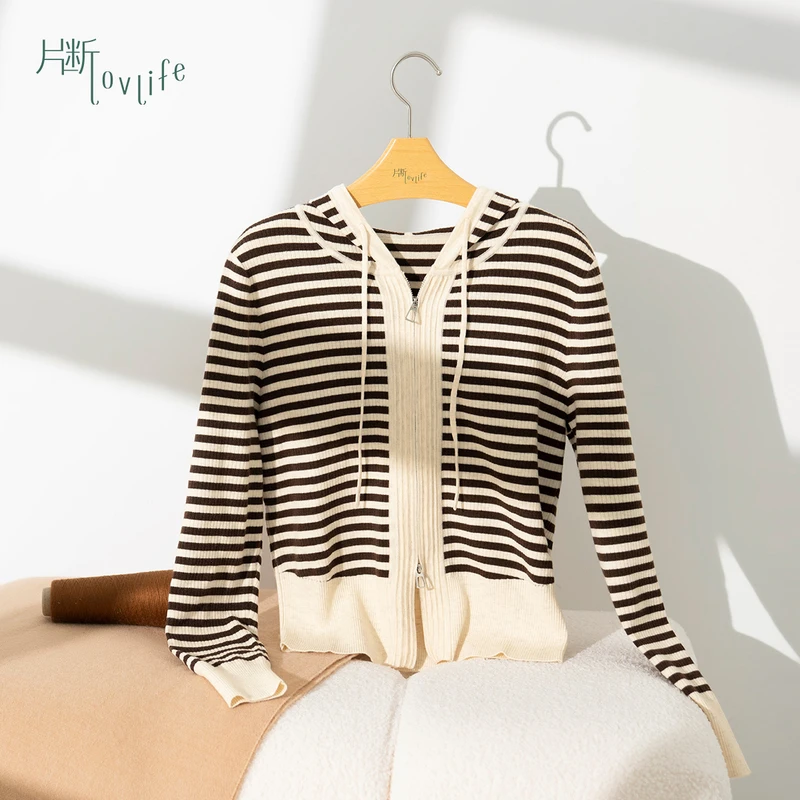 片断毛针织衫女2024春季新款连帽条纹修身休闲学院减龄小个子上衣