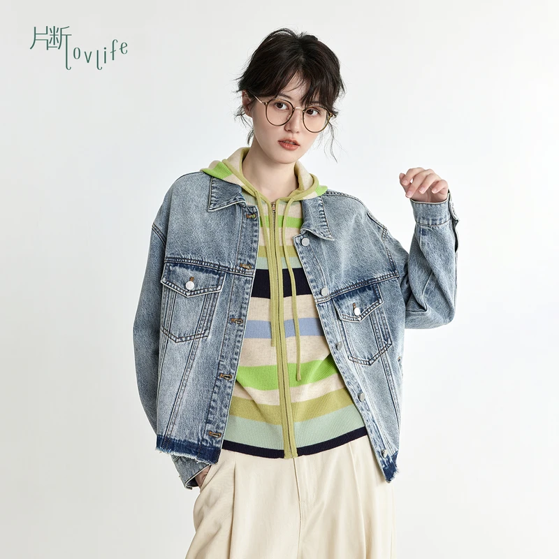 片断外套女2024春季新款简约复古水洗时尚设计感短款牛仔外套潮