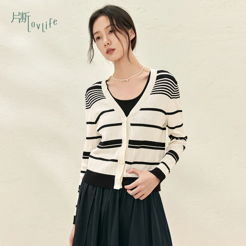 片断毛针织衫女2024春季新款兰精天丝修身显瘦软糯气质开衫上衣