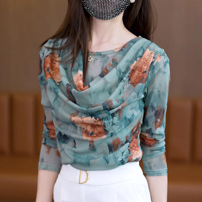 秋季新款网纱长袖印花打底衫女遮肚子显瘦小衫设计感时尚洋气上衣