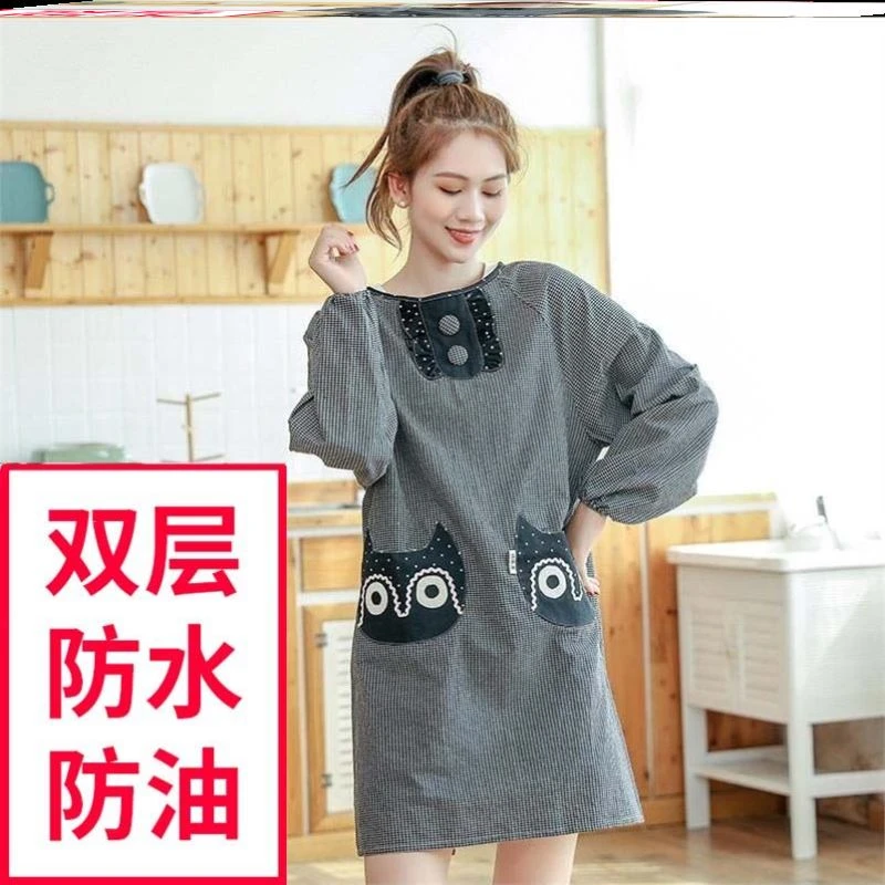 带袖子围裙家用厨房工作服全身棉格子双层布艺透气防脏大人罩衣
