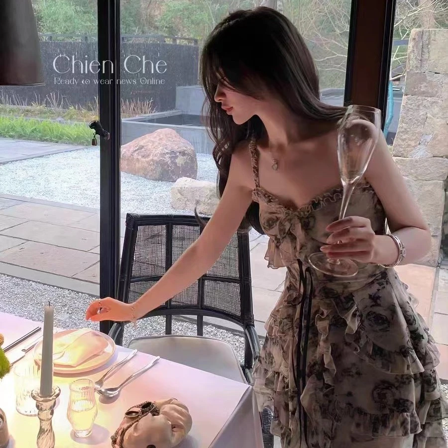 水墨碎花吊带连衣裙2023女新款夏季温柔风雪纺性感a字裙子高级感