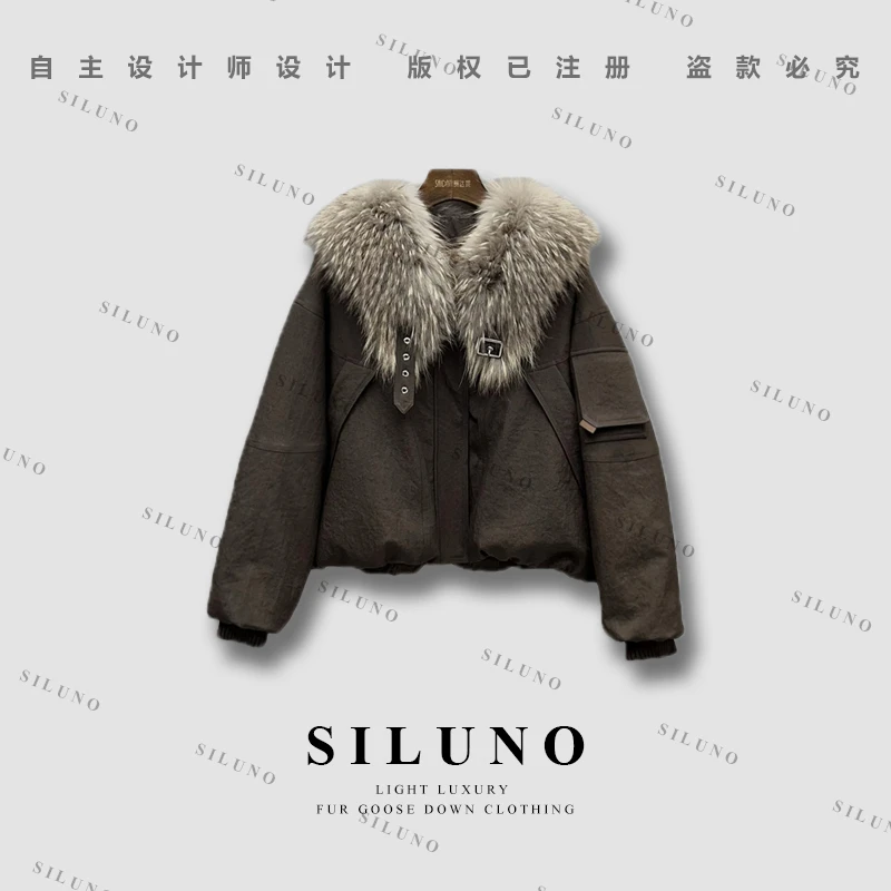 【Trendy】时尚买手店轻奢貉子毛领皮草鹅绒服女款休闲中空纱羽绒服