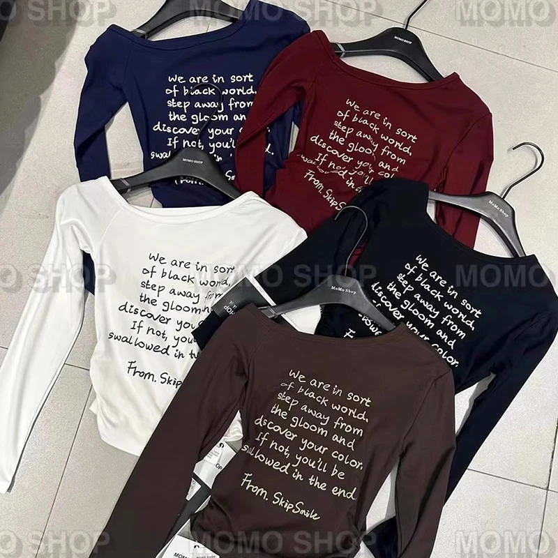 秋冬季新款修身短款斜领露肩长袖T恤女