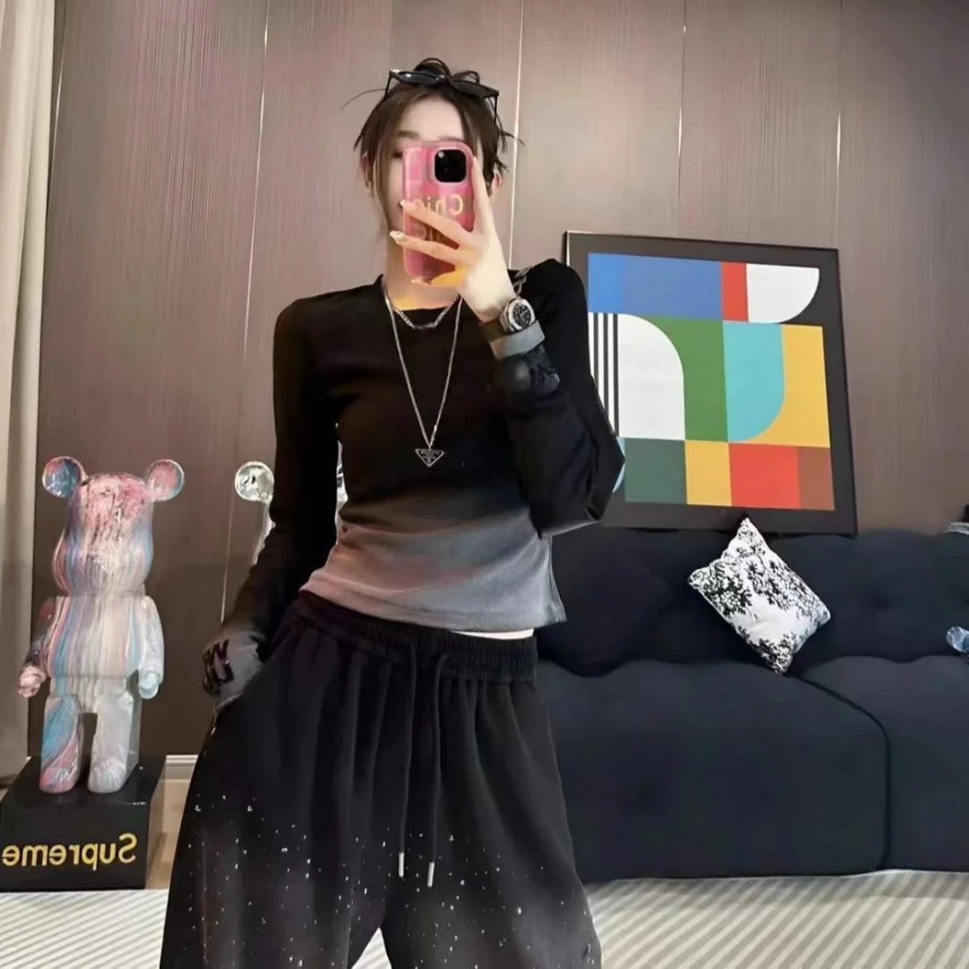 高级感重工水洗烫钻T恤2023冬季显瘦长袖打底衫圆领洋气上衣