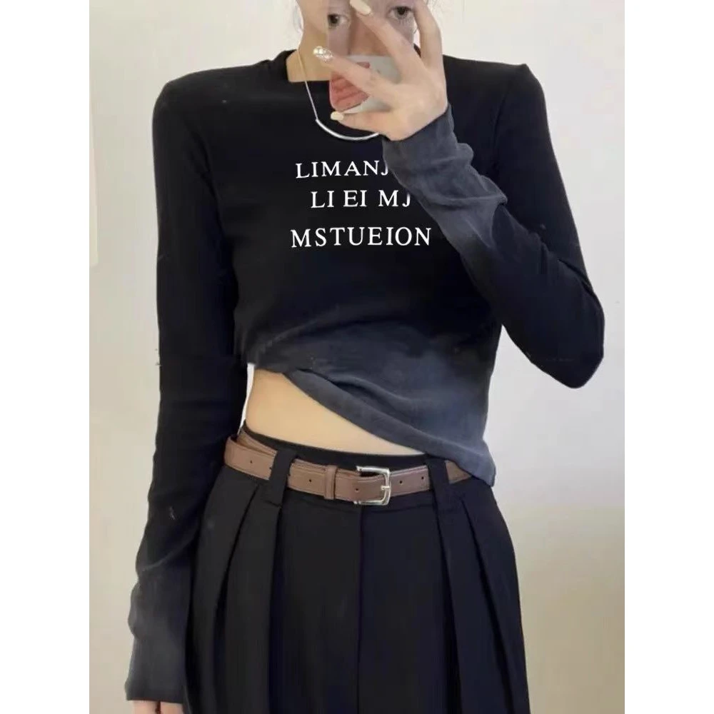 复古港风晕染渐变长袖打底T恤秋冬2024内搭新款修身显瘦辣妹上衣