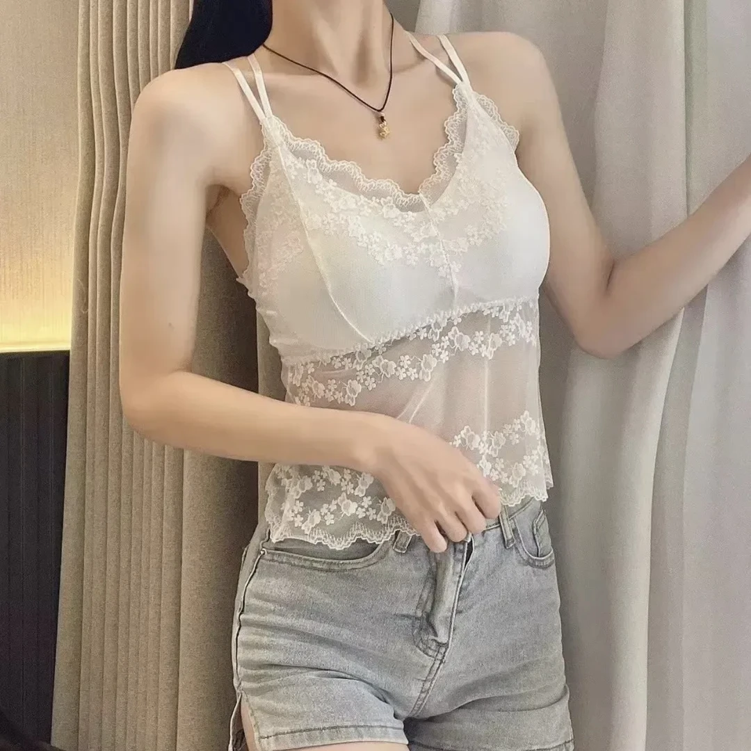 夏季薄款蕾丝吊带背心女士带胸垫一体无痕透气大码防走光外穿内衣