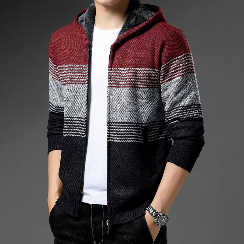 1361秋冬男士毛衣开衫连帽百搭加绒加厚拼条纹中青年开衫外套