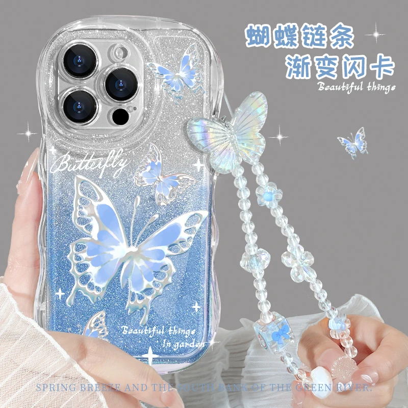 【气泡波浪壳】蓝色蝴蝶手机苹果15闪片iphone15pro波浪ins