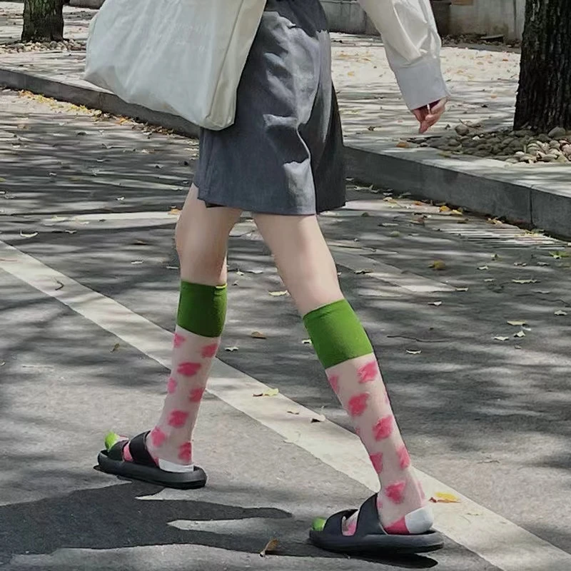 夏季透明薄款小腿袜复古撞色小花卡丝袜日系学院风透气玻璃丝长袜