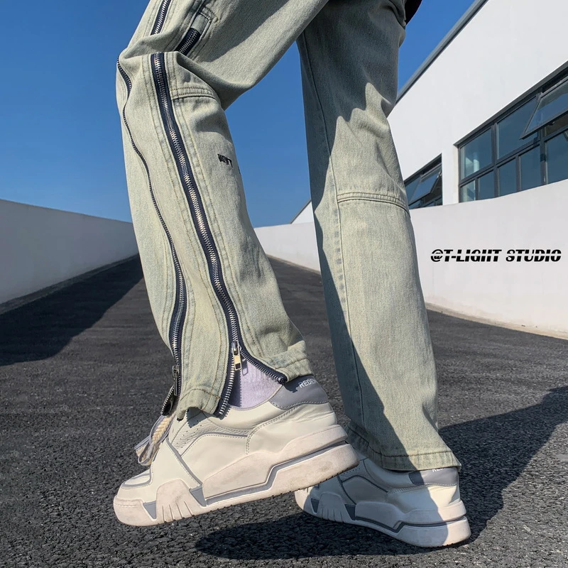 大白鲨oversize裤子高街vibe美式复古拉链牛仔裤开叉设计感微喇裤