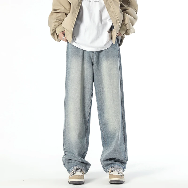 大白鲨秋季宽松直筒潮牌美式复古牛仔裤男生高街百搭休闲阔腿裤子