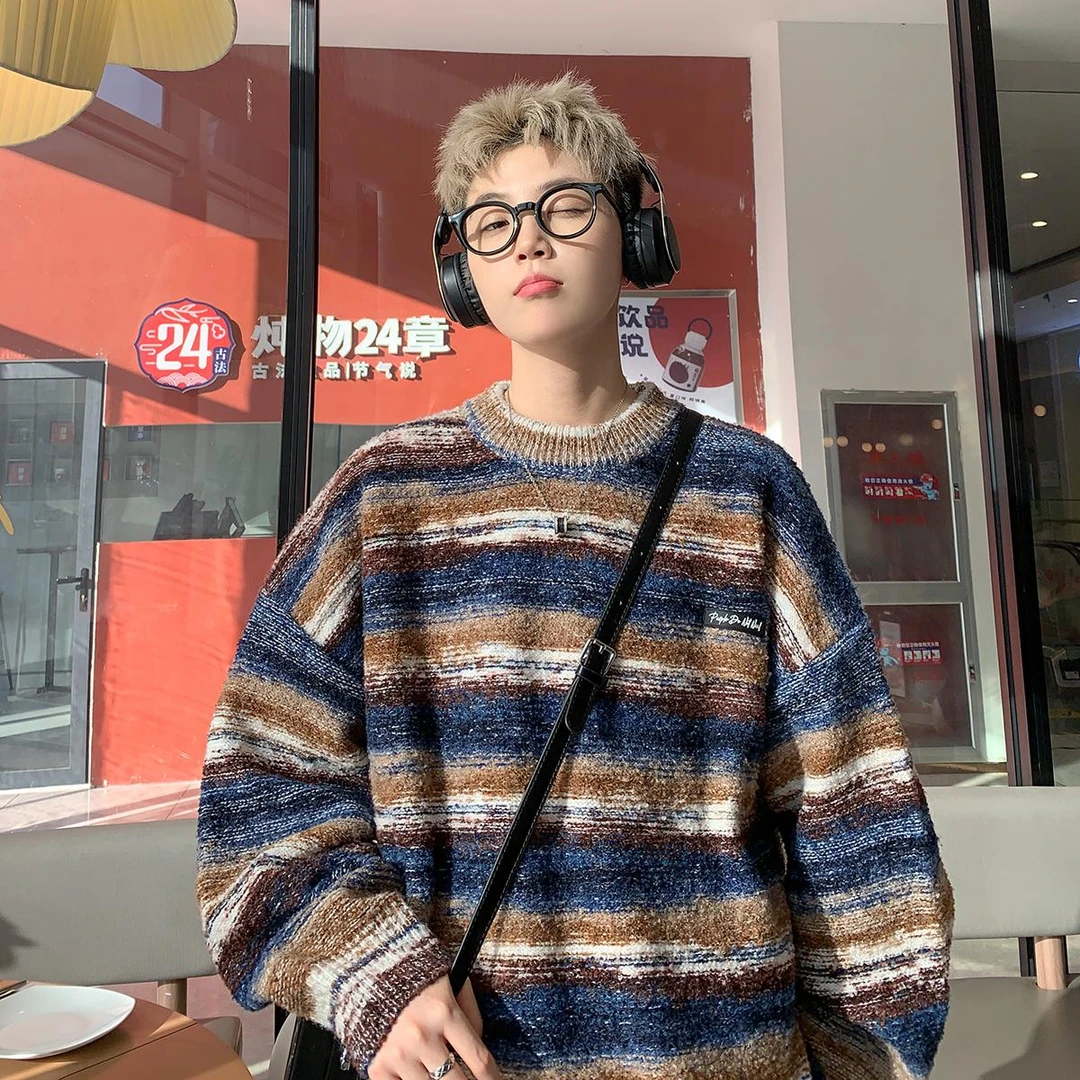 大白鲨日系潮牌慵懒风条纹毛衣男女秋冬季美式复古宽松百搭针织衫