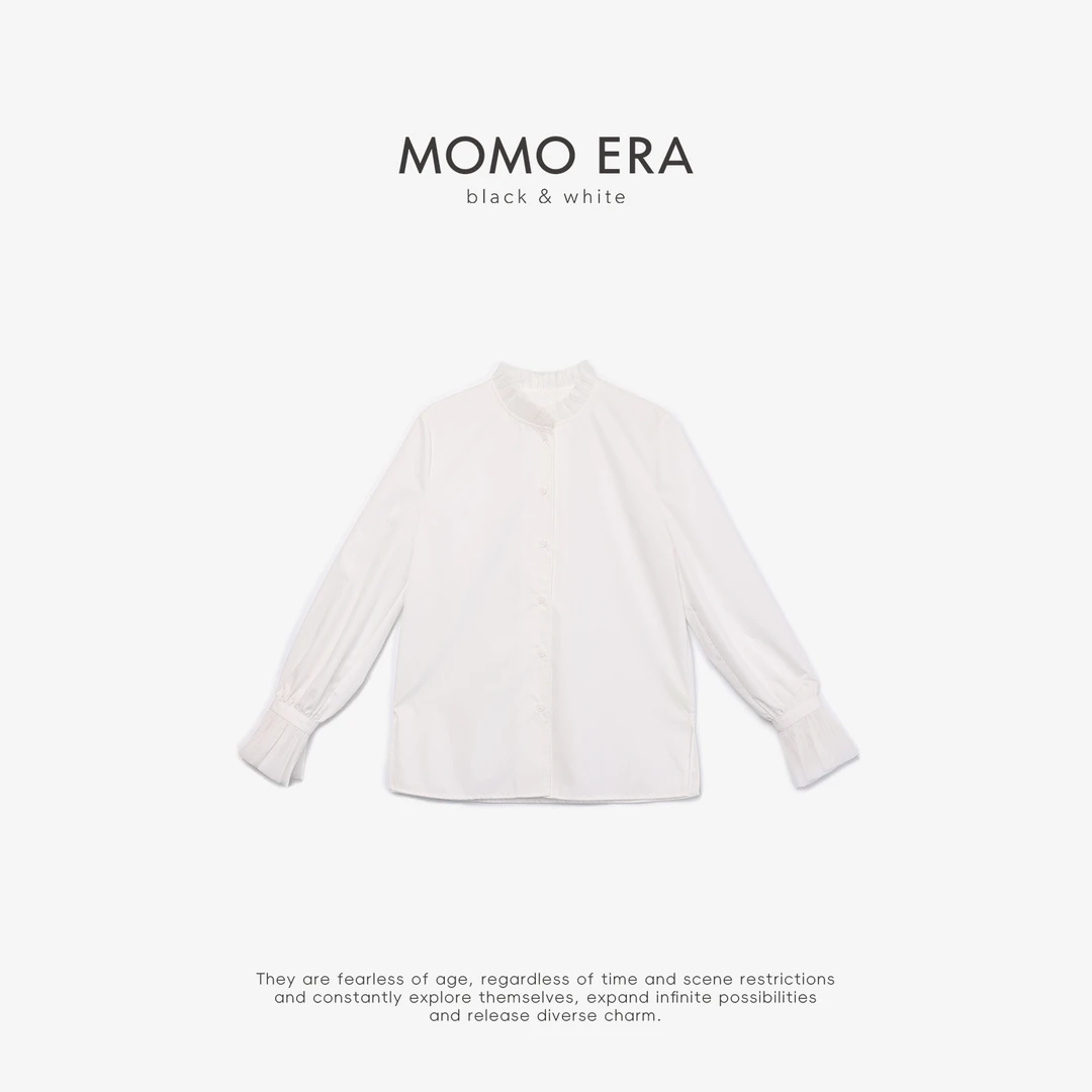 13029 CS 设计感立领木耳边灯笼袖衬衫MOMOERABLACK&WHITE