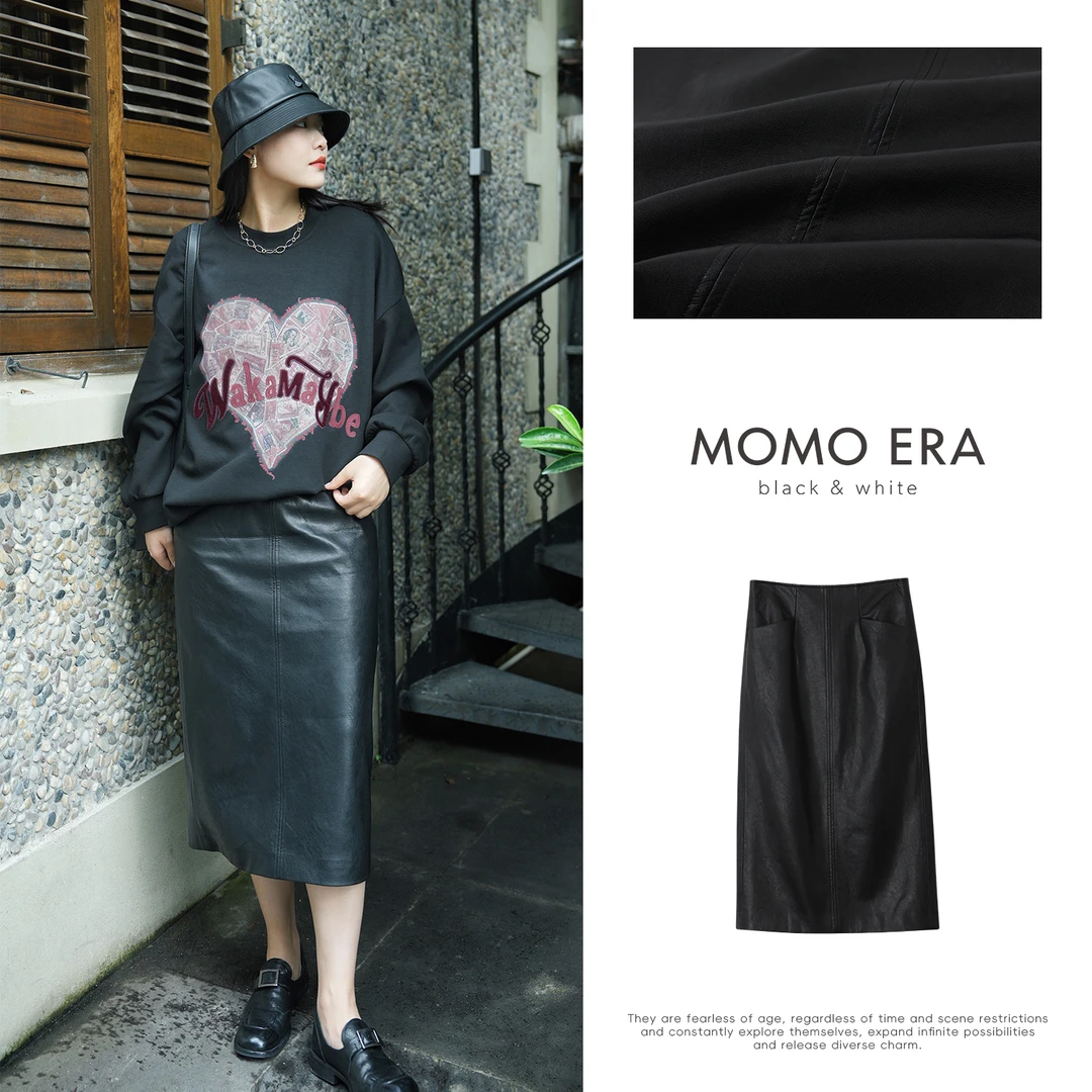 【MOMO ERA】0289 简约质感蛋白皮半裙女士牛仔秋冬时尚短裙开叉