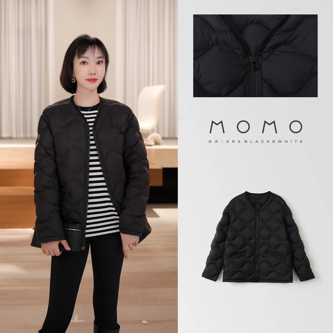【MOMO ERA】2630 v领黑色轻盈百搭简约菱格短款宽松休闲95白鹅绒服