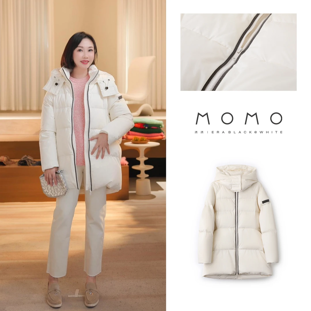 保暖羽绒服【MOMOERA】3587蚕丝莫代尔门襟拼接90鹅绒服冬季中长款