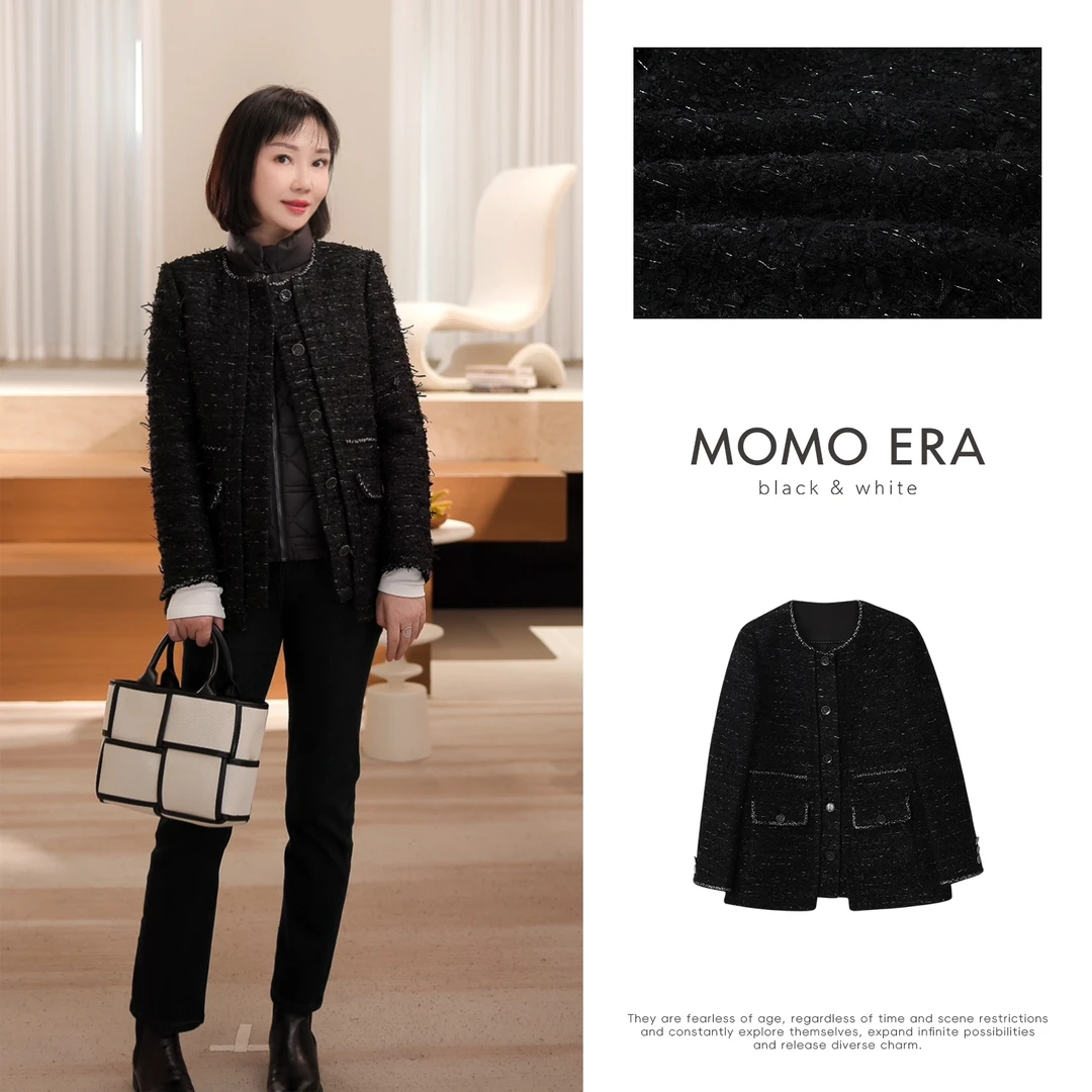 【MOMO ERA】1789  高级感圆领粗花呢设计师拼接小香风外套休闲黑色