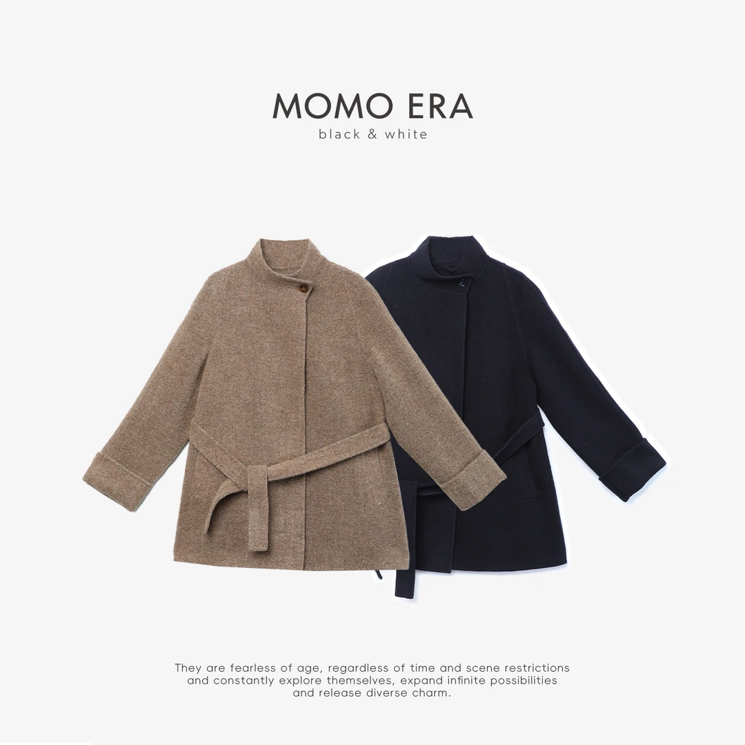 10180 DY气质立领腰带款羊毛大衣 MOMOERABLACK&WHITE