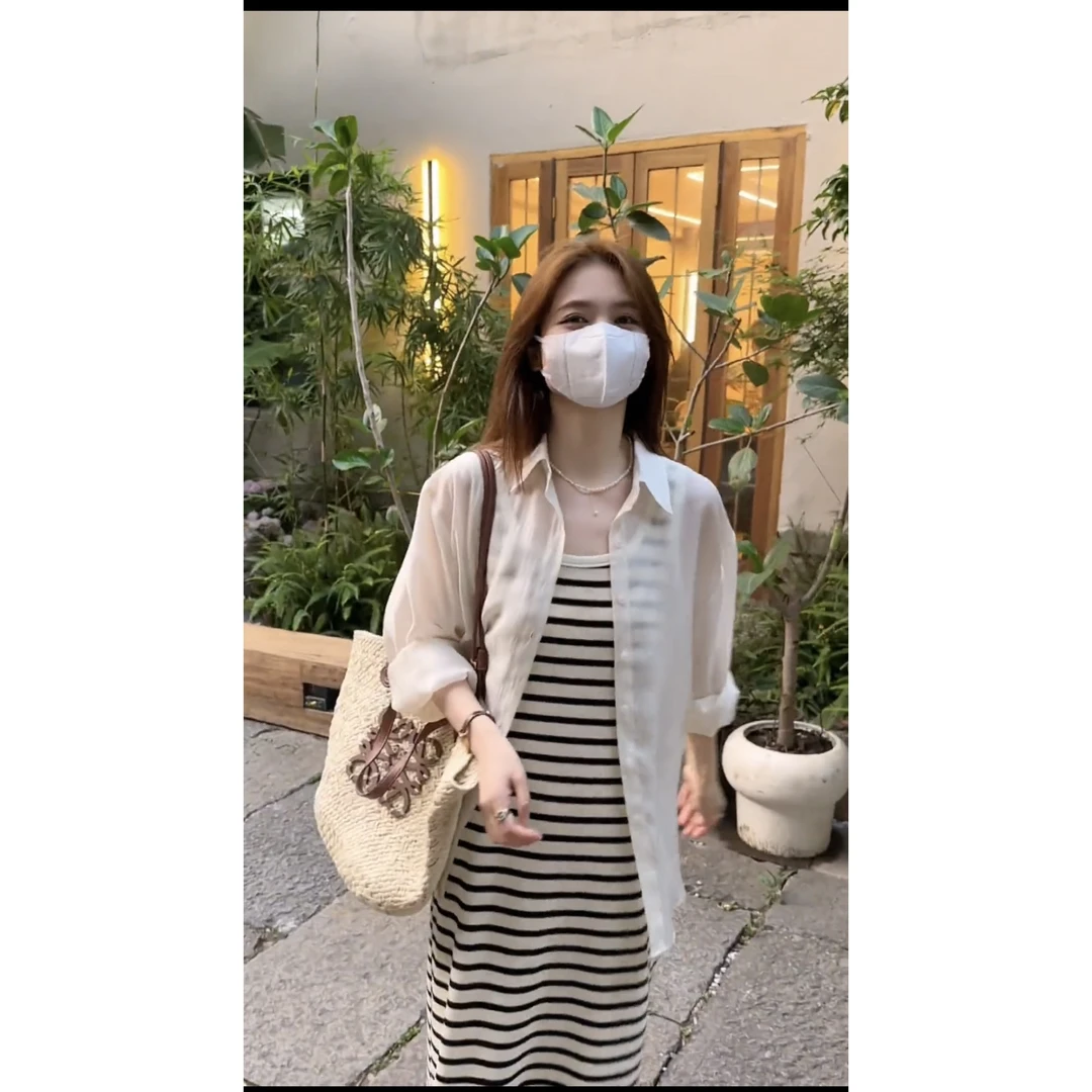 2025夏季新款长袖衬衫韩系无袖背心条纹连衣裙女裙子套装两件套