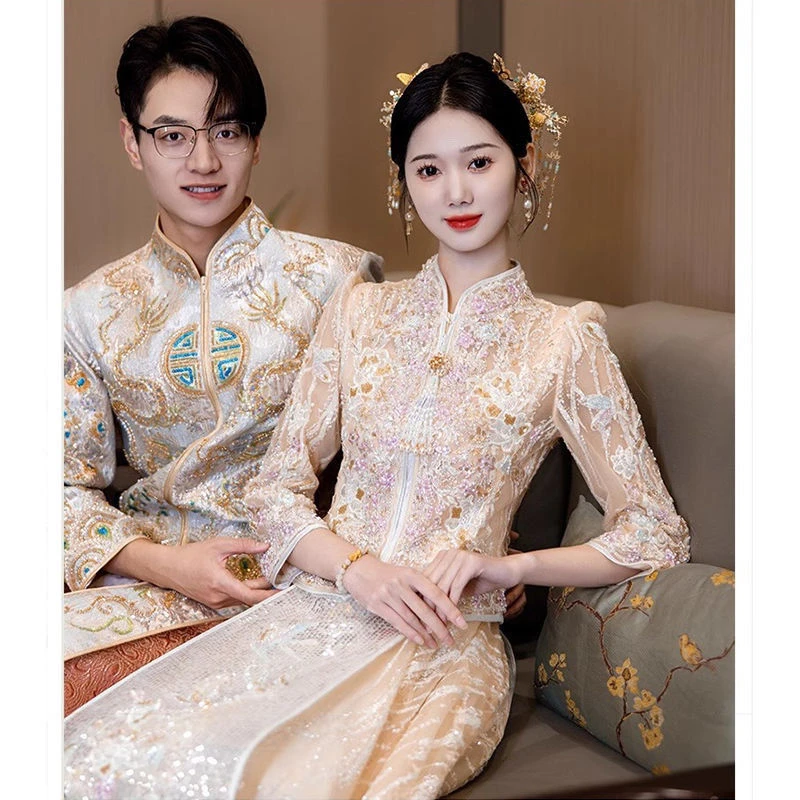 浅色秀禾服中式婚纱2024新款新娘结婚嫁衣重工出阁敬酒服嫁衣春夏