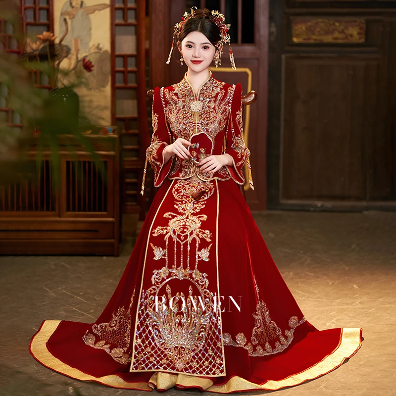 新中式秀禾服丝绒新娘2023年新款奢华高级中式婚服红色嫁衣出阁服