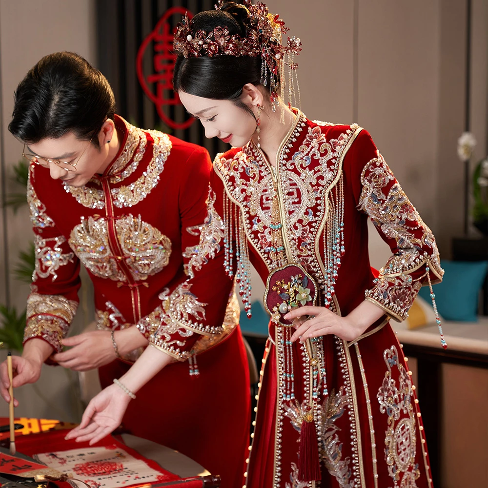 高定丝绒秀禾服2023新款中式婚服龙凤褂嫁衣凤冠霞帔秋冬小个子冬