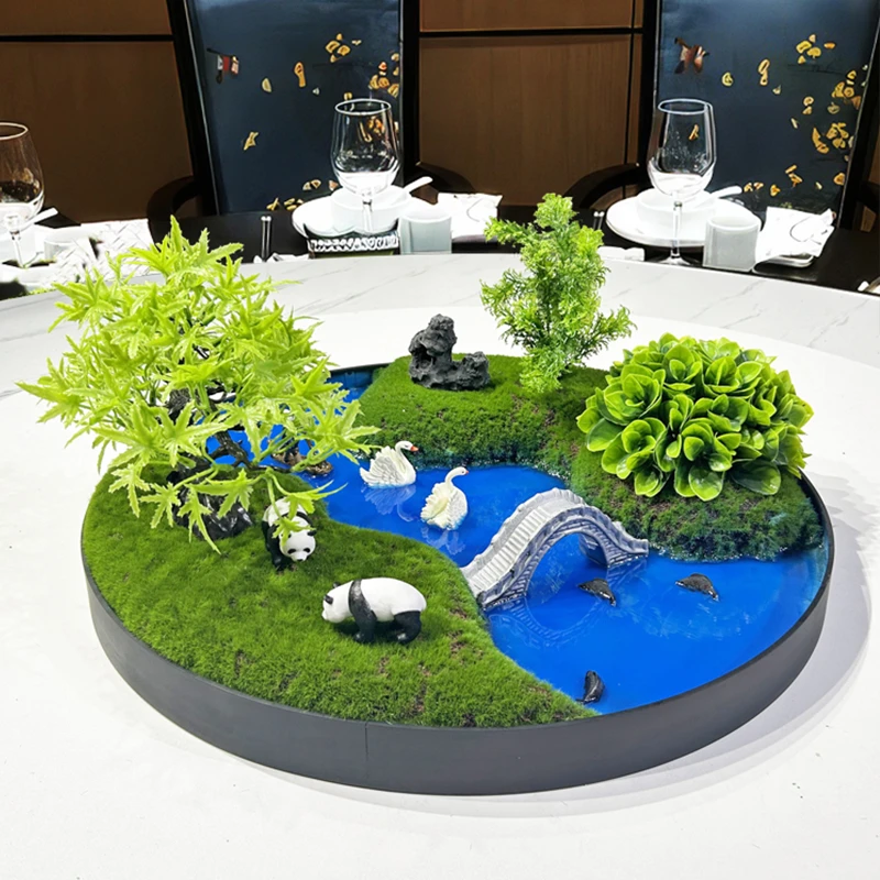 大圆桌转盘中间摆件新中式装饰摆花酒店桌花圆形微缩景观餐桌摆台