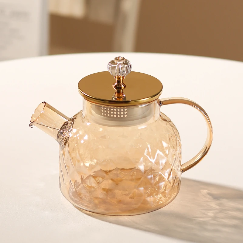 琥珀色1L高硼硅带盖兰陵壶轻奢家用大容量带茶隔耐热茶壶